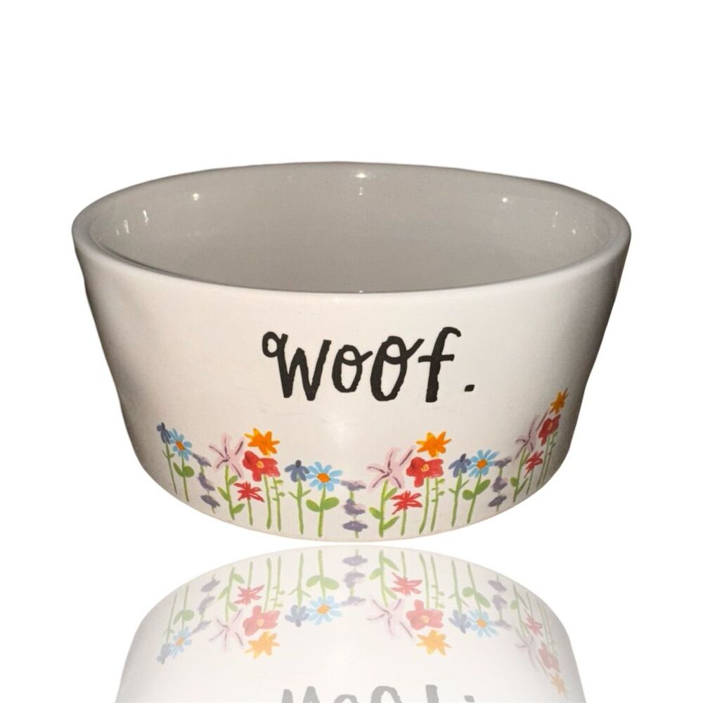 Rae Dunn "Woof" Ceramic Dog Bowl with Floral Design Multicolored